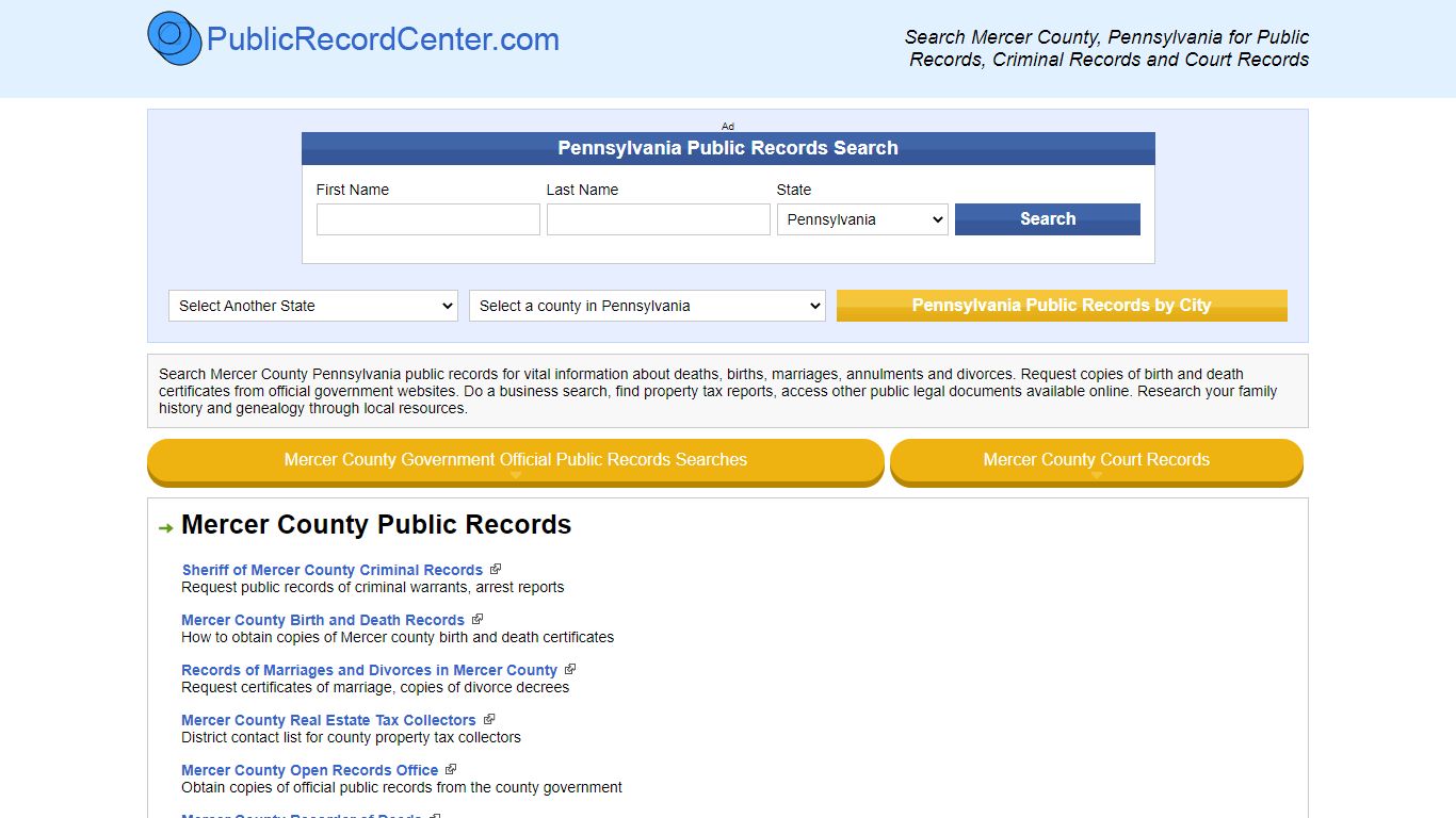 Mercer County Pennsylvania Free Public Records - Court ...